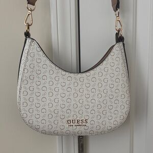 GUESS Monogrammed Cream and Brown Shoulder Bag